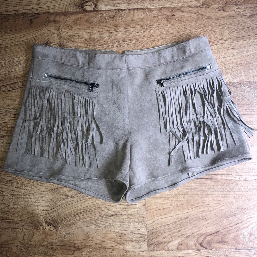 Fate Taupe Faux Suede Fringe Shorts Size M